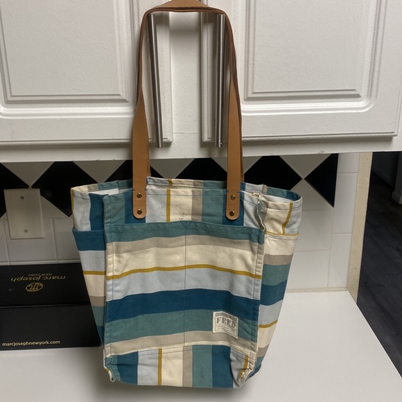 FEED Projects Canvas Market Tote Sea Blue Shopping Leather Straps Bag - Picture 2 of 16